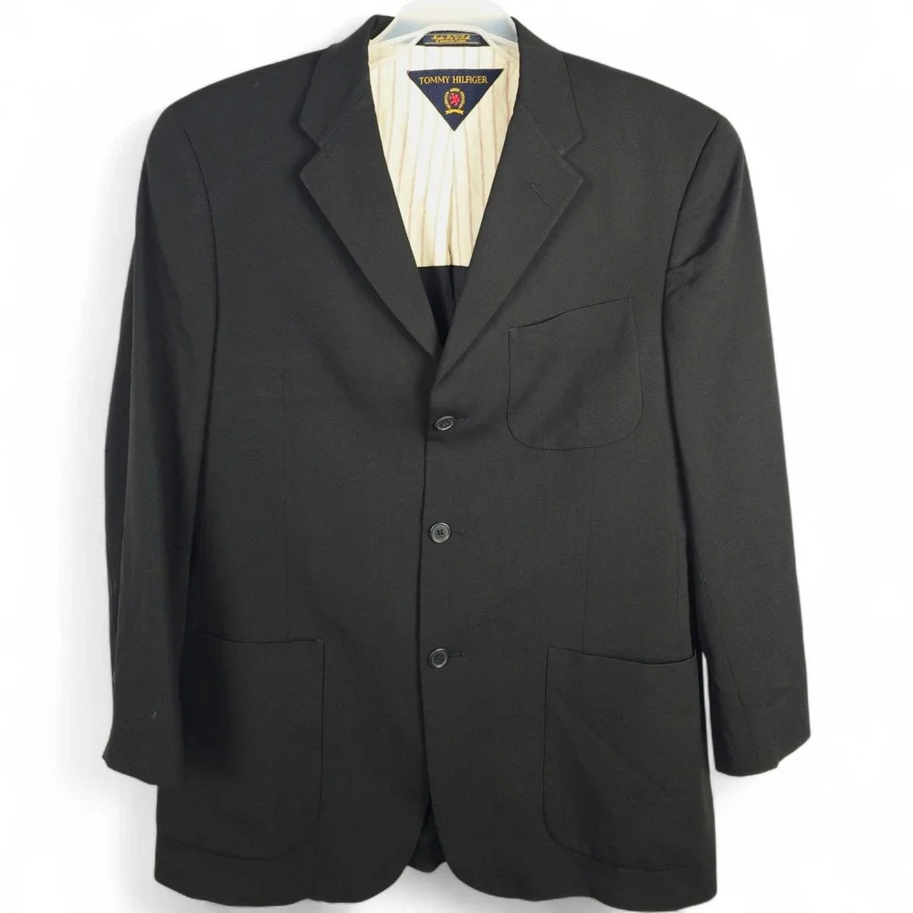 VTG Tommy Hilfiger Dillard's Blazer 42R Black Wool Lycra 3-Button Patch Pockets
